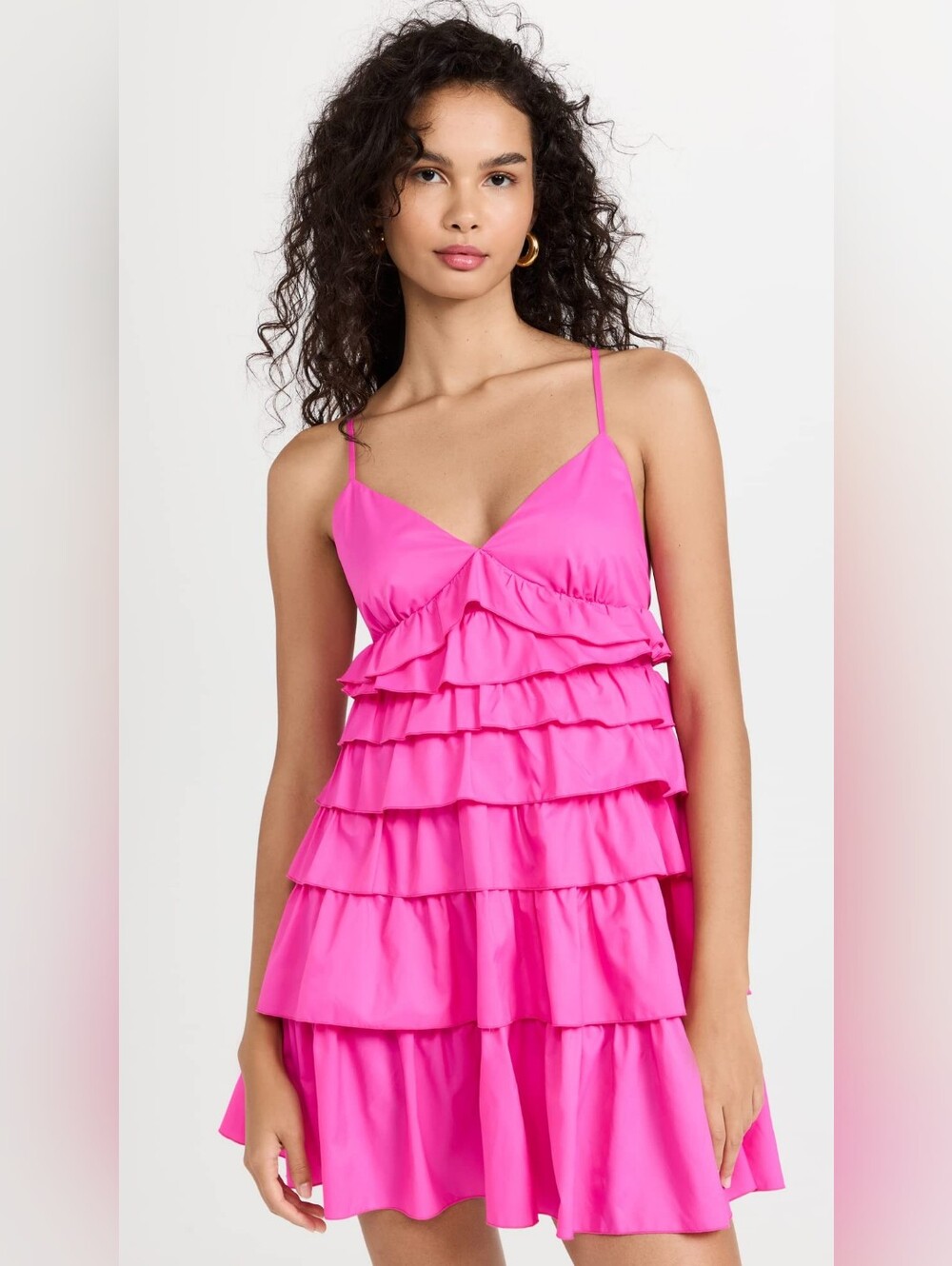 Staud Bougainvillea Rylie Tiered Mini Dress Sleeveless V Neck Hot Pink Medium